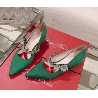 Low Cost Roger Vivier Bouquet Flower Babies Pumps in Satin 4.5cm Heel Green 392210