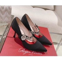 Classic Hot Roger Vivier Bouquet Flower Babies Pumps in Satin 8.5cm Heel Black 392204