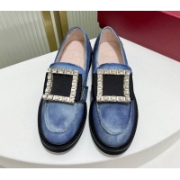 Best Price Roger Vivier Viv' Rangers Crystal Buckle Loafers in Washed Denim Blue 926068