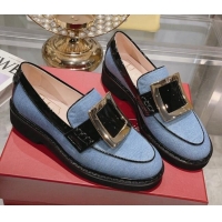 Sumptuous Roger Vivier Viv' Rangers Metal Buckle Loafers in Denim Light Blue 013069