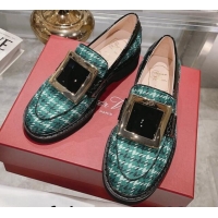 Duplicate Roger Vivier Viv' Rangers Metal Buckle Loafers in Fabric Green 013070