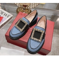 Sophisticated Roger Vivier Viv' Rangers Strass Buckle Loafers in Denim Light Blue 1013074