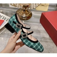 Luxury Roger Vivier Trés Vivier Strass Buckle Mini Babies Ballerinas 3cm in Fabric Green 1013075