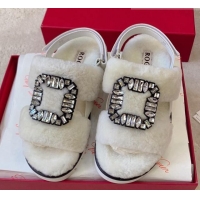 Stylish Roger Vivier Viv' Winter Fur Strass Buckle Sandals White 1026096