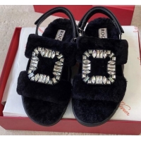 Super Quality Roger Vivier Viv' Winter Fur Strass Buckle Sandals Black 1026097