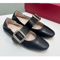 Good Quality Roger Vivier Viv' Choc Metal Buckle Babies Ballerinas in Leather Black 104024