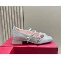 Most Popular Roger Vivier Trés Vivier Strass Buckle Mini Babies Pumps 3cm in Crystals Silver White 121059