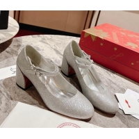 Good Quality Christian Louboutin Movida Jane Glitter Mary Janes Pumps 5.5cm Silver 1014014