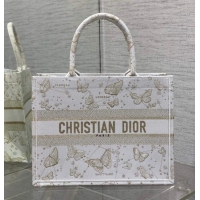 Buy Fashionable MEDIUM DIOR BOOK TOTE Gold-Tone and White Butterfly Zodiac Embroidery M1296ZESU