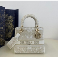 Best Quality MEDIUM DIOR LADY D-LITE BAG Gold-Tone and White Butterfly Around The World Embroidery M0565OE