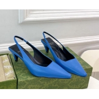 Luxurious Gucci Stone-Embossed Leather Slingback Pumps 5.5cm 764192 Blue 024012