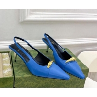 Low Price Gucci Stone Embossed Leather Slingback Pump 5.5cm with Tiger Head 768113 Blue 024015