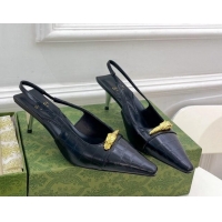 Best Grade Gucci Stone Embossed Leather Slingback Pump 5.5cm with Tiger Head 768113 Black 024016