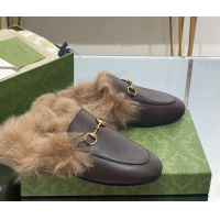 Purchase Gucci Leather and Wool Slippers with Horsebit Dark Brown 024030