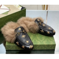 Low Price Gucci Leather and Wool Slippers with Horsebit and Bees Black 025002