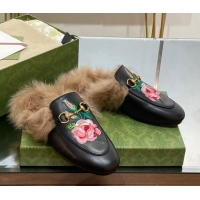 Buy Luxury Gucci Leather and Wool Slippers with Horsebit and Flora Embroidery Black 025003