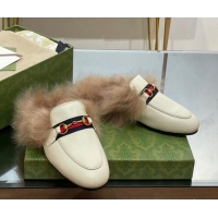 Unique Style Gucci Leather and Wool Slippers with Horsebit and Web White 025004