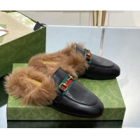 Best Price Gucci Leather and Wool Slippers with Horsebit and Web Black 025005