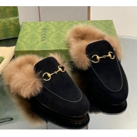 New Style Gucci Suede and Wool Slippers with Horsebit Black 025006