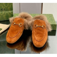 Comfortable Gucci Suede and Wool Slippers with Horsebit Orange 025007