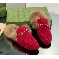 Popular Style Gucci Suede and Wool Slippers with Horsebit Red 025010