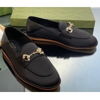 Charming Gucci Horsebit Flat Loafers with Crystals in Satin Black 025018