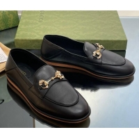 Good Quality Gucci Horsebit Flat Loafers with Crystals in Leather Black 025019