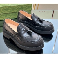 Good Quality Gucci Leather Loafers with Tassel and Wave Trim Black 025022