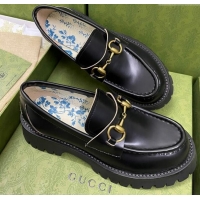 Unique Style Gucci Leather Platform Loafers 4.5cm with Bee Black 025023