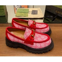 Pretty Style Gucci GG Canvas Platform Loafers 4.5cm with Horsebit Pink/Red 025026