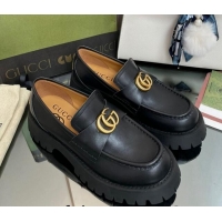 Top Grade Gucci Leather Platform Loafers 4.5cm with GG Black 025027