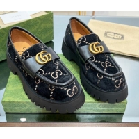 Popular Style Gucci GG Velvet Platform Loafers 4.5cm with GG Black 025032