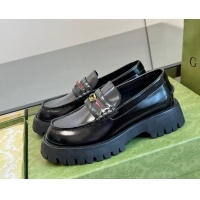 Purchase Gucci Shiny Leather Platform Loafers 3cm with Web and Interlocking G Black 025035