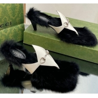 Lowest Price Gucci Horsebit Thong Heel Slide Sandals 5.5cm in Patent Leather and Wool White/Black 026112