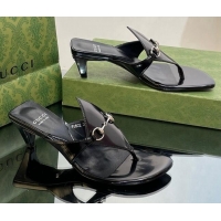 Luxury Gucci Horsebit Thong Heel Slide Sandals 5.5cm in Patent Leather 764197 Black 026114