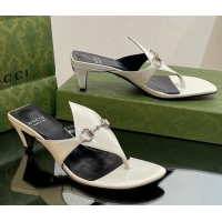 Perfect Gucci Horsebit Thong Heel Slide Sandals 5.5cm in Patent Leather 764197 White/Black 026115