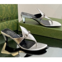 Pretty Style Gucci Horsebit Thong Heel Slide Sandals 5.5cm in Patent Leather 764197 Silver 026116