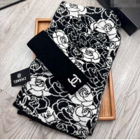 Best Price Chanel Camellia Bloom Wool Knit Hat and Scarf Set 1123 Black 2023