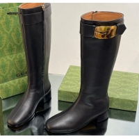 Good Quality Gucci Retro G High Boots 3.5cm in Leather Black/Gold 103118