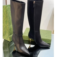 Best Price Gucci Metal-Tone Heel High Boots 8.5cm in Black Leather 103122