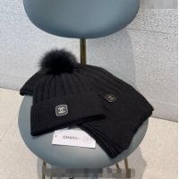 Promotional Chanel Knit Hat and Scarf Set CH1206 Black 2023