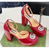 Top Design Gucci Patent Leather Platform Pumps 11.5cm with Crystals Double G Red 106043