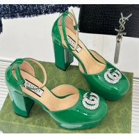 Grade Quality Gucci Patent Leather Platform Pumps 11.5cm with Crystals Double G Green 106048