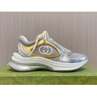 Good Quality Gucci Run Trainer Sneakers in Mesh and Leather with Interlocking G Silver/Gold 106113