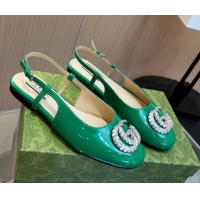 Unique Style Gucci Slingback Ballet Flat with Crystals Double G in Patent Leather Green 117029