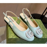 Most Popular Gucci Slingback Ballet Flat with Crystals Double G in Patent Leather Light Blue 117030