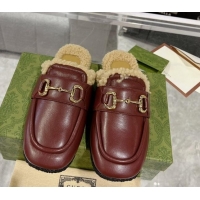 Pretty Style Gucci Flat Mules with Horsebit in Leather and Shearling Burgundy 117031