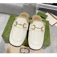 Shop Cheap Gucci Flat Mules with Horsebit in Leather and Shearling White 117035