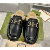 Top Grade Gucci Flat Mules with Horsebit in Leather and Shearling Black 117036