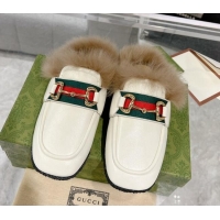 Luxurious Gucci Flat Mules with Horsebit and Web in Leather and Wool White 117033